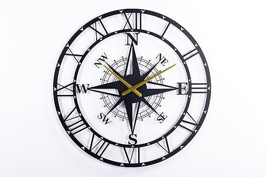 Modern Compass Wall Clock, Black Metal Frame, Roman Numerals, Large Decorative Clock for Living Room (Black, 70x70 cm (27.6x27.6 inch))