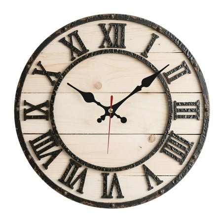 Modern Farmhouse Wall Clock Rustic Wood with Metal Roman Numerals, Oversized Home Wall Hanging Decorative Clock for Office Kitchen Bedroom Living Room,