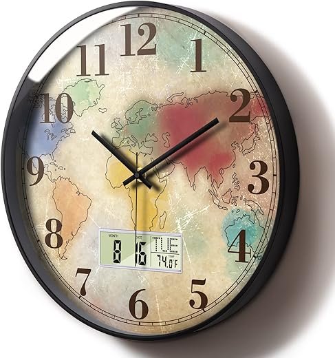 Modern Round Retro Digital and Analog Wall Clock Silent Calendar Colorful World Map Vintage Clocks with Date and Temperature Week Quiet Non-Ticking Kid Room Office Kitchen Decor for Bedroom 12 Inch