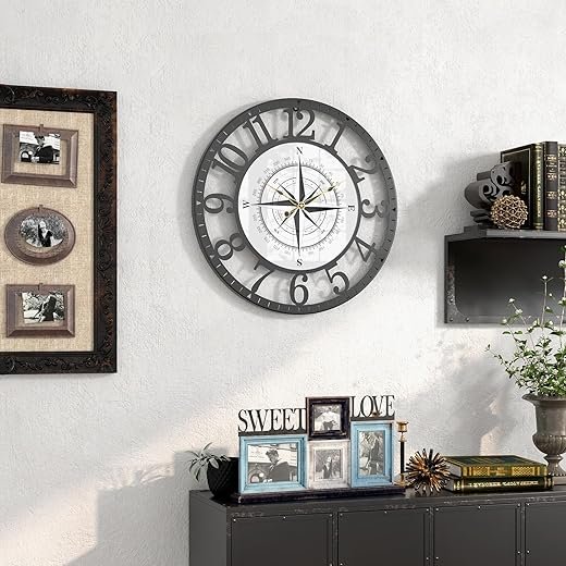 Modern Wall Clock, 16 Inch Tempered Glass Compass Pattern Dial Wall Clock Metal Frame Silent Non Ticking Wall Clocks
