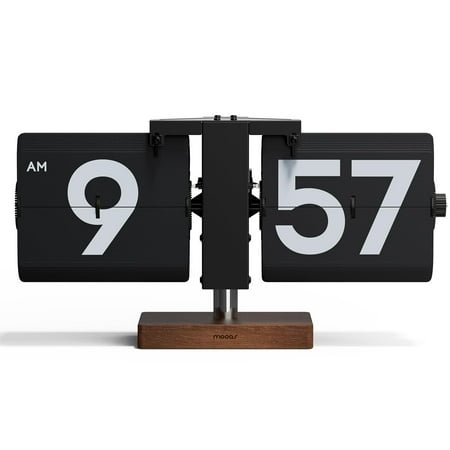 mooas Classic Modern Wood Big Flip Desk Clock (Black), Retro Vintage Analog Design Auto Flip Clock Table Clock Large Number Battery Powered, Ideal for Home Office School Hotel Café