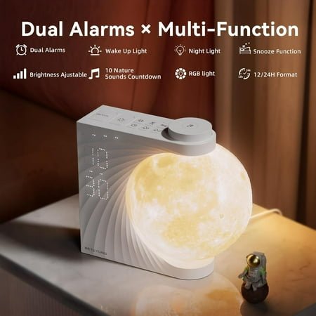 Moon Light Alarm Clock for Heavy Sleepers with 10 Light Effects, 10 Nature Sounds, 15 Ringtones, Timer & Snooze