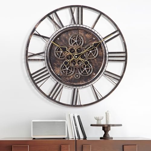 Moving Gear Large Wall Clock 24inch/60cm Copper, Decorative Wall Clocks for Living Room, Unique Farmhouse Steampunk Metal Wall Clock Decor, Office Wall Clocks