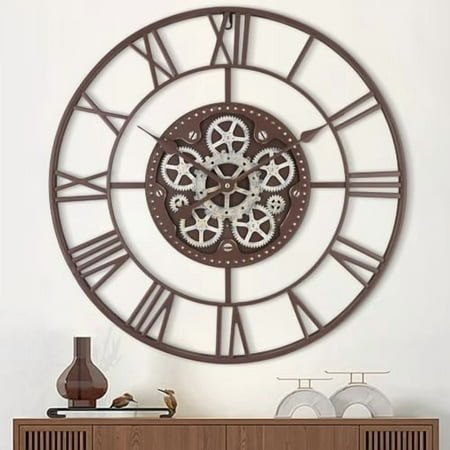 Moving Gear Wall Clock 24 Inch Large Industrial Steampunk Wall Clock Oversized Metal Analog Wall Clocks for Home Farmhouse Office Battery Operated (Brown)