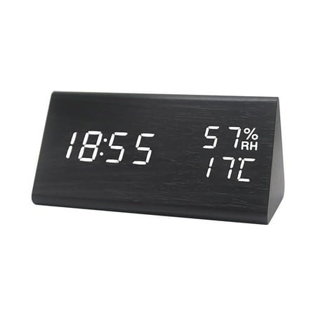 Multifunctional Silent Wooden Alarm Clock, 6.9 Black Wood White Font Digital Clocks, Creative LED Wooden Clocks Cute Digital Clocks Modern Alarm Clock, Wood Alarm Clock for Bedrooms Living Room