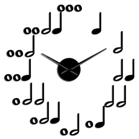 Music Notes Frameless Wall Clock Stickers, DIY Modern Decorative Clocks for Living Room, Bedroom, Office - Easy to Install, Large 3D Clock Design (Black,27in)