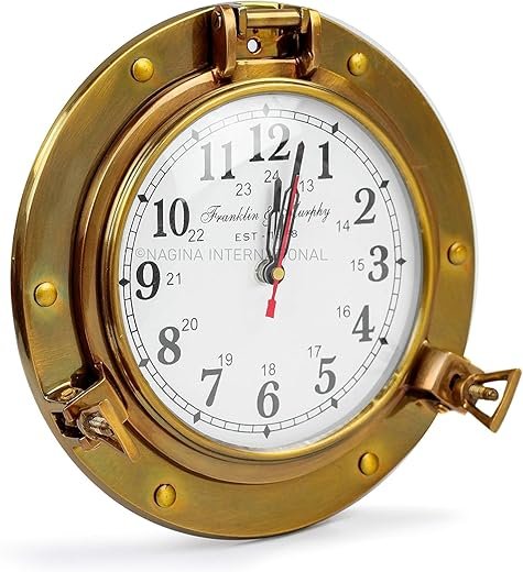 Nagina International 9" Antique Brass Premium Nautical Wall Decor Vintage Time's Clock | Pirate's Porthole Decorative Clock (Franklin & Murphy's Vintage Dial)