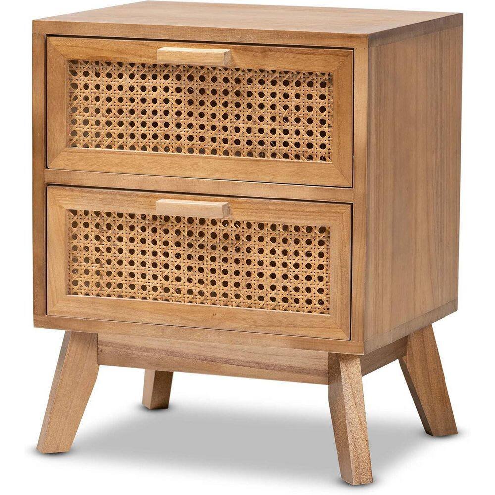 Natural Brown 2 Drawer 15.7 in. W Nightstand with Rattan Design