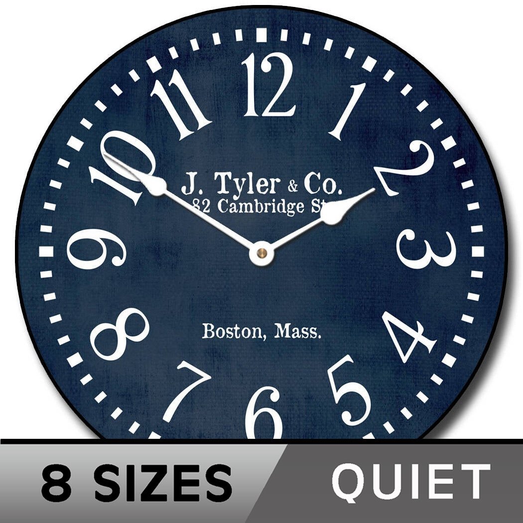 Navy Blue Clock, large wall clock, Ultra Quiet, 8 sizes, Lifetime Warranty