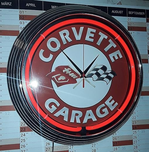 NEON CLOCK - CORVETTE GARAGE SIGN RED - WORKSHOP WALLCLOCK WITH RED NEON RIM!