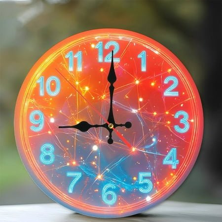 Neon Clock Wall Decor Orange Blue Lights 10-Inch Silent Wooden Wall Clock, Battery Operated (AA Batteries Not Included), Artistic Home Decor