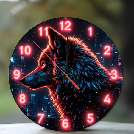 Neon Wolf Clock LED Wall Art Decor Design 10-Inch Silent Wooden Wall Clock, Battery Operated (AA Batteries Not Included), Artistic Home Decor