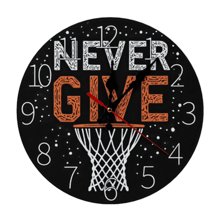 Never Give Up Motivational Silent Round Clock with Basketball Hoop Design, Black Background & White Numbers, Perfect for Home, Office, Study Room Decor, 10-Inch (AA Battery Not Included)