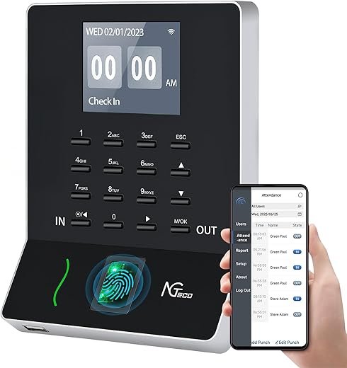 NGTeco APP-Based Time Clocks for Employees Small Business, W2 (Fingerprint+Password) Times Clock, 2.4GHz WiFi Clock in Clock Out Machine Support Shift Schedules, iOS & Android APP, No Monthly Fee
