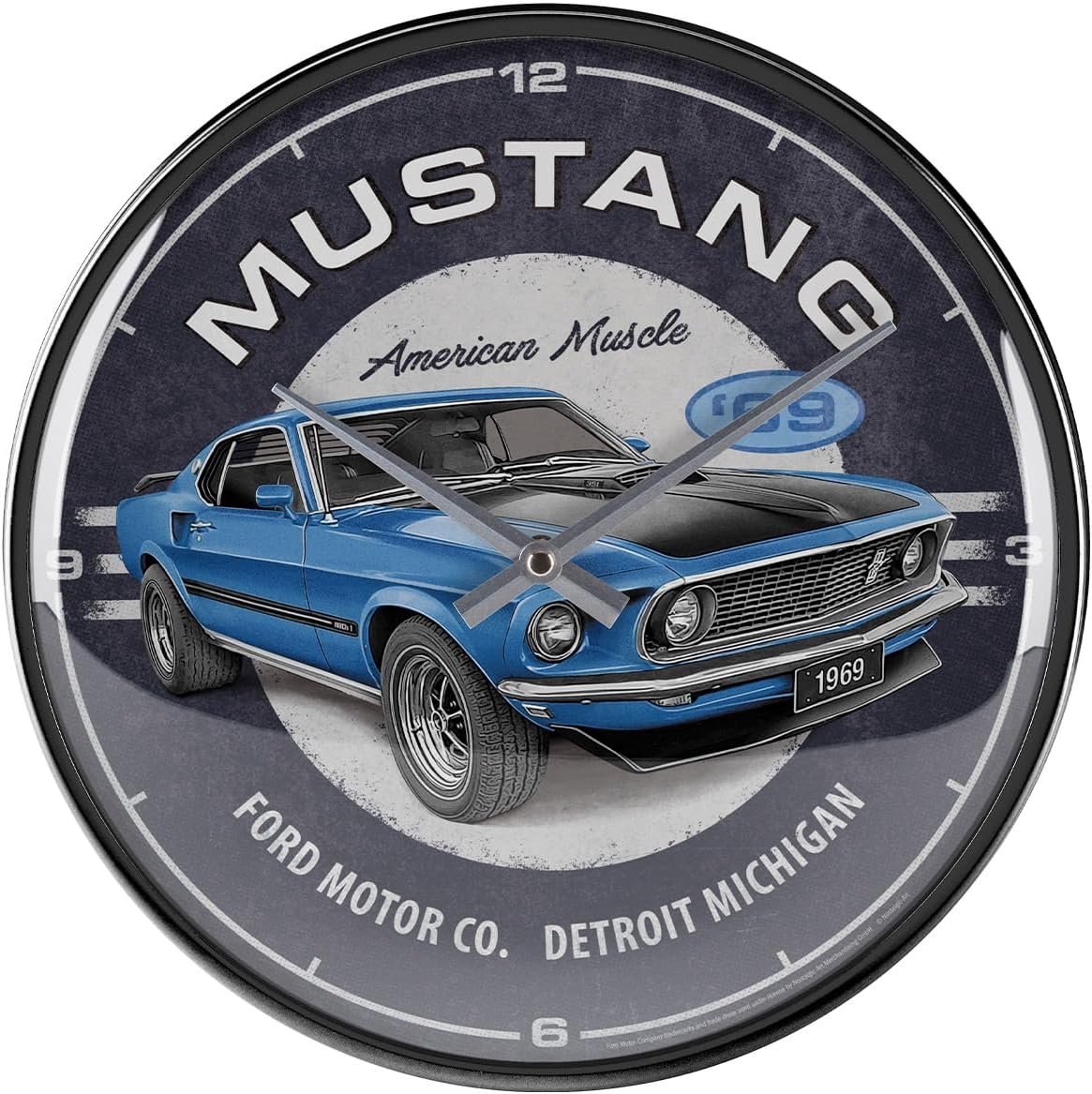 Nostalgic-Art Retro Wall Clock, Ø 12.2, Ford Mustang – 1969 Mach 1 Blue – Gift idea for Ford Fans, Official License Product (OLP), Large kitchenclock, Vintage Design