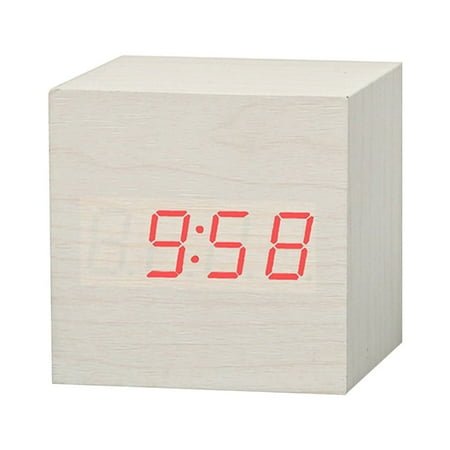 NUZYZ Wooden Square Digital LED USB Desk Alarm Clock Table Voice Control Decoration