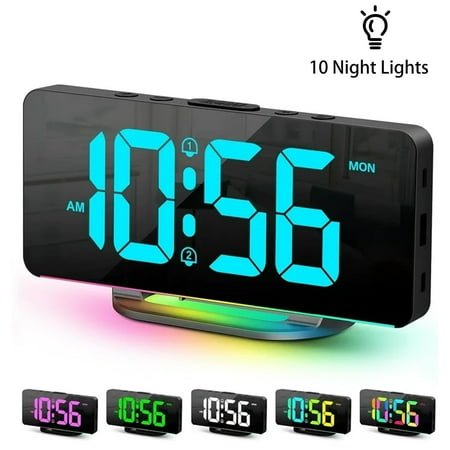 Onekawa Digital Alarm Clock Large LED Display RGB Alarm Clock with 10 Color Night Light Adjustable Brightness USB Charging Clock for Bedroom Nightstand Home Office Decor