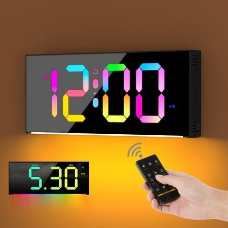 Onekawa Large Digital Wall Clock,LED Alarm Clocks with Calendar and Remote Controls,Black