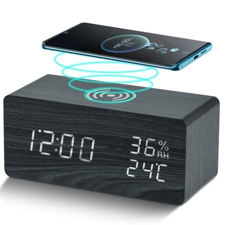 Onekawa Wooden Digital Alarm Clock with Wireless Charging Stylish LED Display for Bedrooms Adjustable Brightness and Voice Control Alarm Clock Perfect for Desks-Black