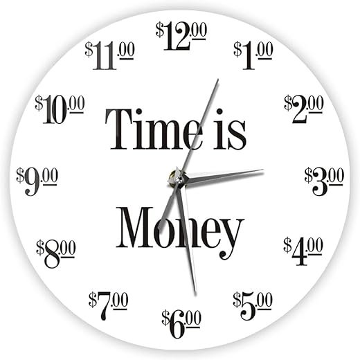 OTKU 12 Inch Wall Clock Decor Time is Money Modern Design Wall Clock for Bedroom Time Saving Humor Inspirational Art Silent Watch Financial Department Decor for Modern Wall Decor
