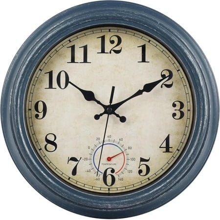 Outdoor Clocks Waterproof with Thermometer Rustic Coastal Wall Clock Decor for Patio Pool Garden(12 Inch,Blue)