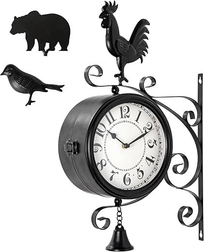 Outdoor Post Clock with Interchangeable Rooster Bird and Bear Accessories, Double-Sided Hanging Farmhouse Iron Clock with Bell for Outdoor Garden Porch and Indoor Decor 13x18