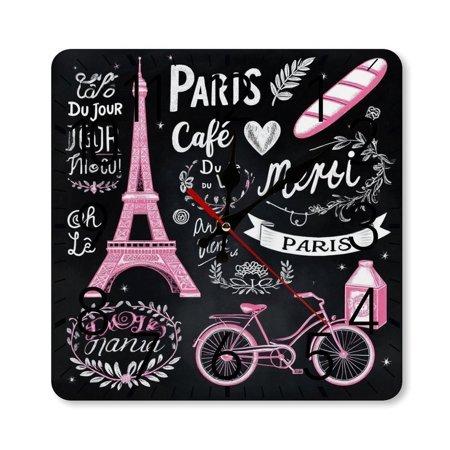 Paris Chalkboard Print Fabric Wall Clock Silent Non-Ticking For Home Office Decor, Decorative Clock Art