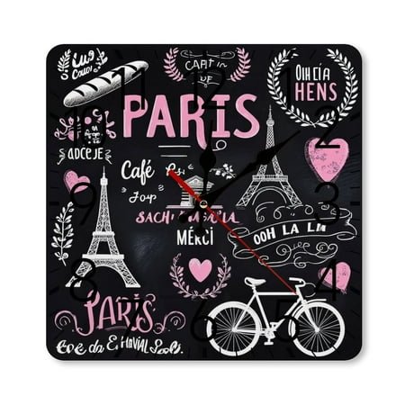 Paris Chalkboard Print Fabric Wall Clock Silent Non-Ticking For Home Office Decor, Decorative Clock Art