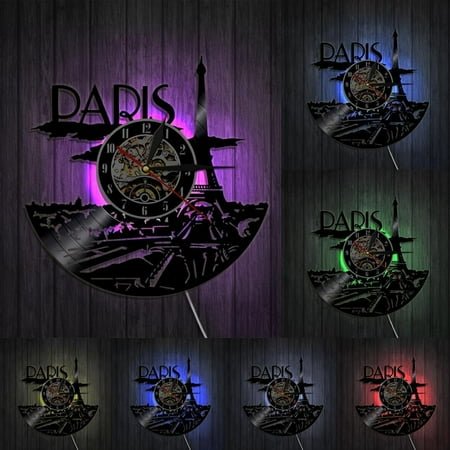 Paris Clock Vinyl Record Paris Skyline Wall Decor Paris Eiffel Tower Bedroom Decor Paris Wall Clock France Travel Her With LED