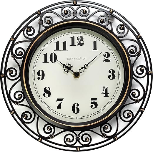 Park Madison Decorative Iron Style Wall Clock 12 Inch Silent Battery Operated Vintage Elegant Retro Clocks for Living Room Decor, Kitchen Office Dining Room Bedroom School Classroom (13736)