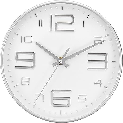 PATIKIL 8 Inch Wall Clocks, Quartz Battery Operated Silent Non-Ticking 3D Numbers Round Wall Clocks Decorative for Office Bedroom Living Room, Silver Tone/White, Style 2