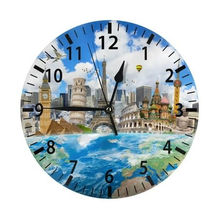 PAYOHTO 10''Wall Clock Famous Landmarks of the World, Frameless Battery Operated Silent Non-Ticking Electronic Clock for Office Living Room Bedroom