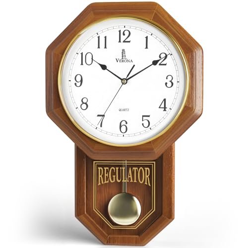 Pendulum Wall Clock Battery Operated - 18x11 Real Wood Regulator Clock - Schoolhouse Design with Pendulum - Quiet, Non-Chiming - Wooden Wall Decor for Living Room Decor, Home, Office and Gift