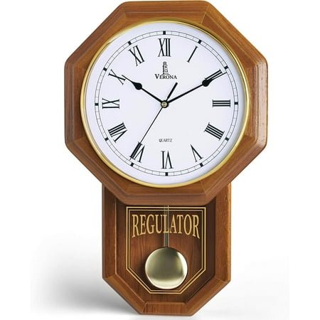 pendulum wall clock battery operated - real wood regulator clock - schoolhouse design with pendulum - quiet, non-chiming - wooden wall decor for living room decor, home, office and gift 18x11