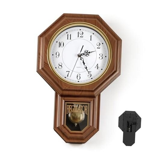 Pendulum Wall Clocks Battery Operated, Wood-Looking Plastic Regulator Clock