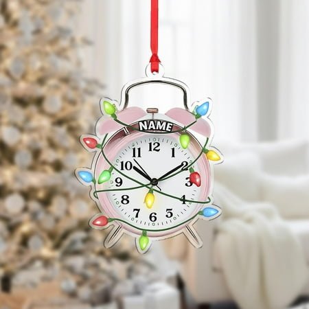 Personalized Vintage Alarm Clock Acrylic Christmas Ornament with Lights Custom Name Retro Timepiece Holiday Tree Decor, Unique Home Keepsake Gift