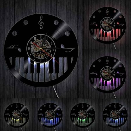 Piano Keys and Treble Clef Vinyl Record Wall Clock Pianist Musical Artist Studio Room Wall Decor Vintage Clock Piano Wall Art With LED