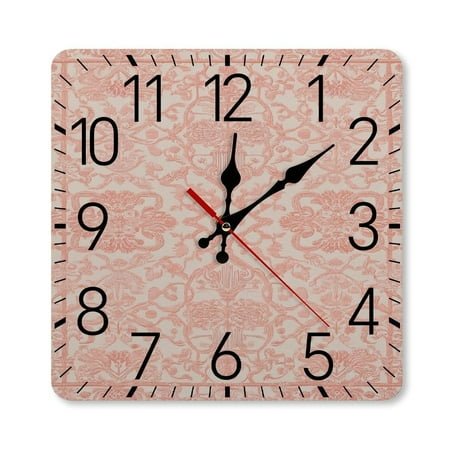 Pink Damask Floral Textile Design Wall Clock Silent Non-Ticking For Home Office Decor, Decorative Clock Art