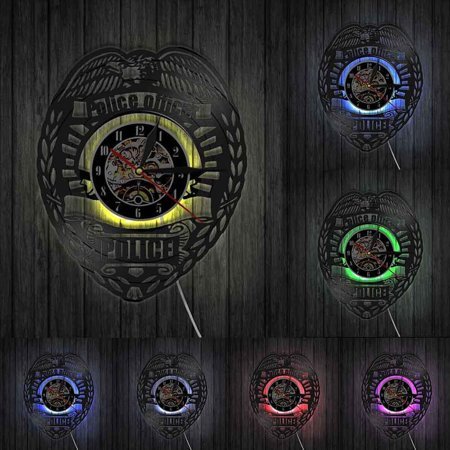 Police Officer Wall Clock Police Badge Vinyl Record Wall Clock Police Station Decorative Clock Watch Policemen Retirement Gift With LED