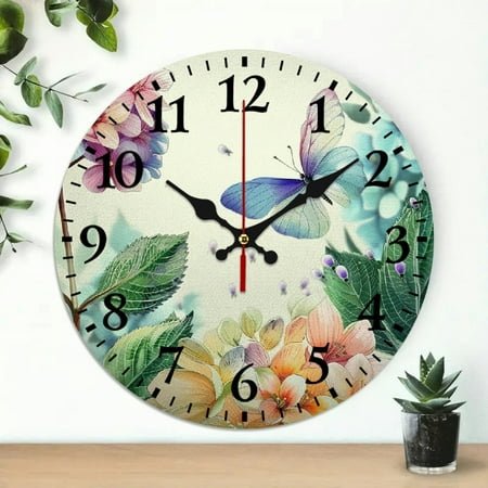Pratyus 10 Inch Round Wooden Wall Clock for Home Decor, Flower Butterfly Wallpaper Print, Battery Operated Wall Decor for Living Room, Kitchen, Dorm - Ideal for Everyday Gifts 10x10in