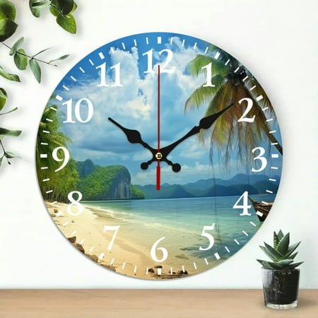 PRATYUS 10 Inch Round Wooden Wall Clock Palm Trees Boat Print Decor 10x10in