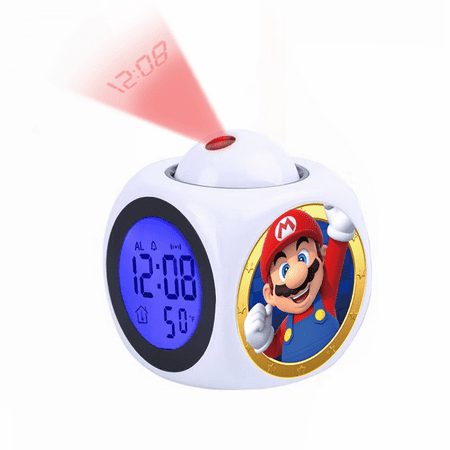 Projection Alarm Clock, Cartoon Super_Mario Pattern Digital Alarm Clock with Voice Talking LED Time Temperature 12/24H Display for Office Bedside Table, Creativity Gift