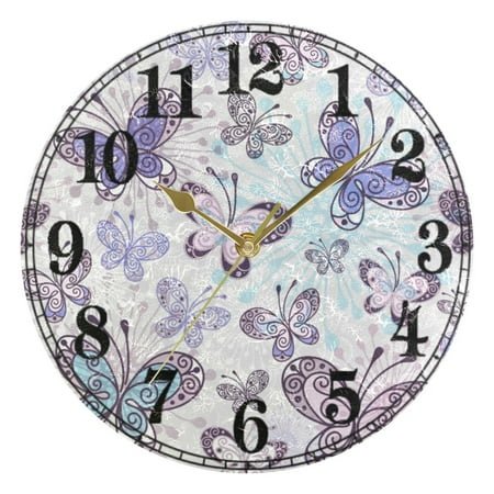 Purple Butterfly Silent Wall Clock 10 Non-Ticking Battery Clock