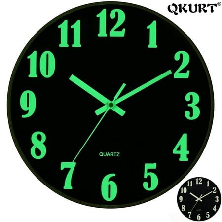 QKURT Modern Night Light Wall Clock, 10 Inch Silent Non-Ticking Quartz Wall Clocks, Glow in The Dark Battery Operated Decorative Wall Clock for Bedroom, Kitchen, Living Room