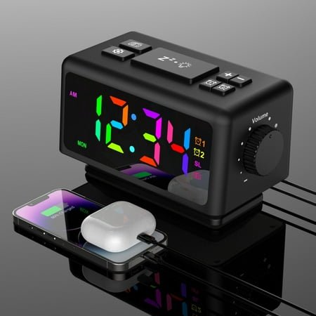 QTOCIO Home Decor, Perpetual Calendar FM Radio Alarm Clock RGB Colorful Mirror Large Screen Display Electronic Clock Suitable For Giving Holiday Gifts