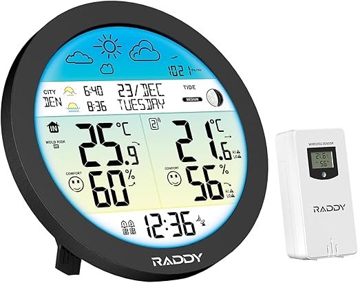 Raddy DT7 Weather Station with HTN Display – Indoor Outdoor Temperature and Humidity Monitor | Sunrise Sunset | Barometric Pressure | Moon Phase | Dual Alarm Clock | for Home, Garden, Farm, Greenhouse