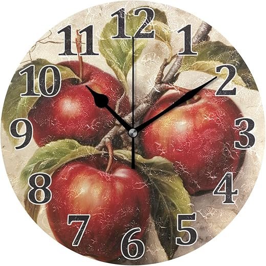 Red Apples Wall Clock Round Vintage Silent Non Ticking Battery Operated Accurate Arabic Numerals Design for Home Kitchen Living Room Bedroom 10 Inch