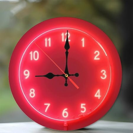 Red Neon Clock Wall Decor Modern Home 10-Inch Silent Wooden Wall Clock, Battery Operated (AA Batteries Not Included), Artistic Home Decor