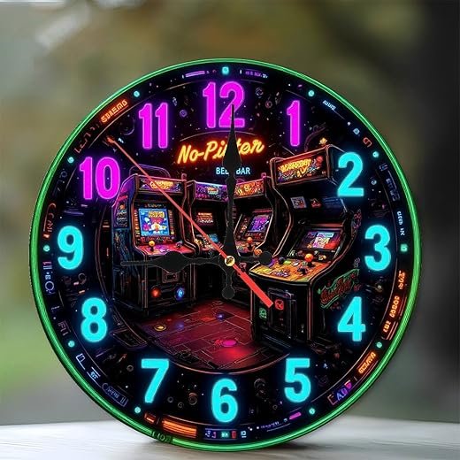Retro Arcade Clock Neon Sign Wall Art 10-Inch Wooden Wall Clock, Silent Movement, Perfect for Living Room Bedroom Bathroom Home Decor