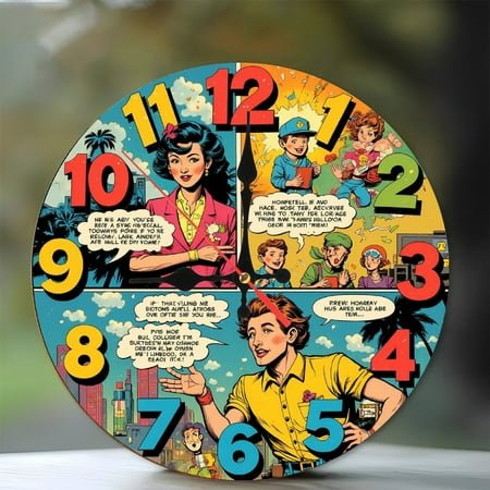 Retro Comic Clock Wall Art Vintage Pop Art Decor 10-Inch Silent Wooden Wall Clock, Battery Operated (AA Batteries Not Included), Artistic Home Decor